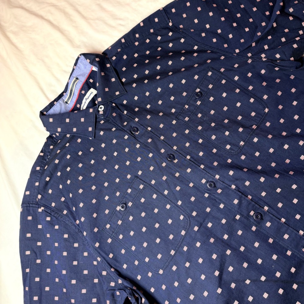 Tommy Bahama Large Navy Blue Geometric Square Print Short Sleeve Button Shirt